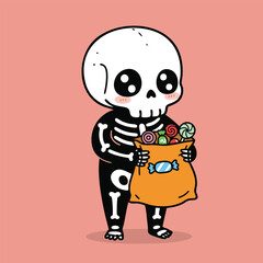 Cute Skeleton Kid Holding Candy Bag – Halloween Cartoon Vector