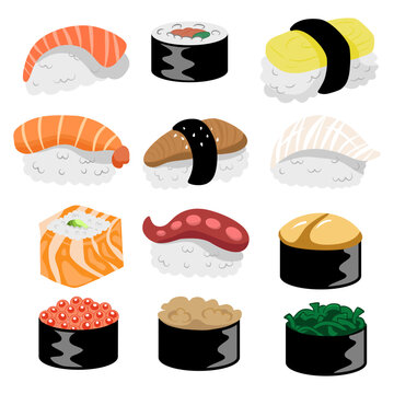Cute Cartoon Flat Sushi Collection. Such as Salmon, Tako, Ebi, Tamako, Unagi, Temaki, Hotate and Toro. Vector Illustration about Food.
