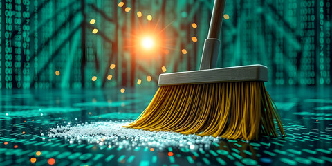 Broom sweeps digital data, cleaning floor with binary code. Concept of tech cleanup, system maintenance, and virus removal in cyberspace. Bright sparks suggest innovation and data security solutions.