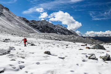 Hiking on snow in the Central Alps, Valmalenco, Lombardy, Italy landscape
