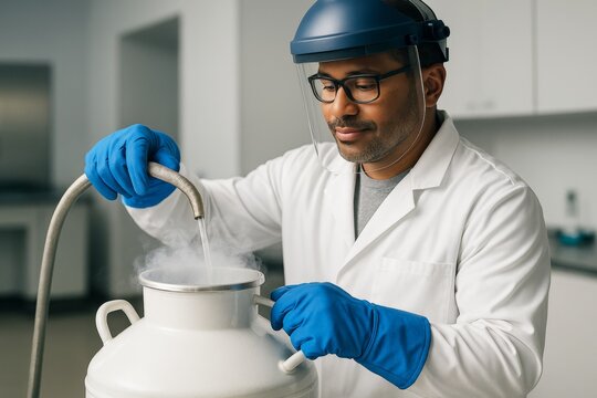 Scientist handling liquid nitrogen in laboratory with protective gloves and face shield, conducting experiment in sterile science environment concept. Ai generative