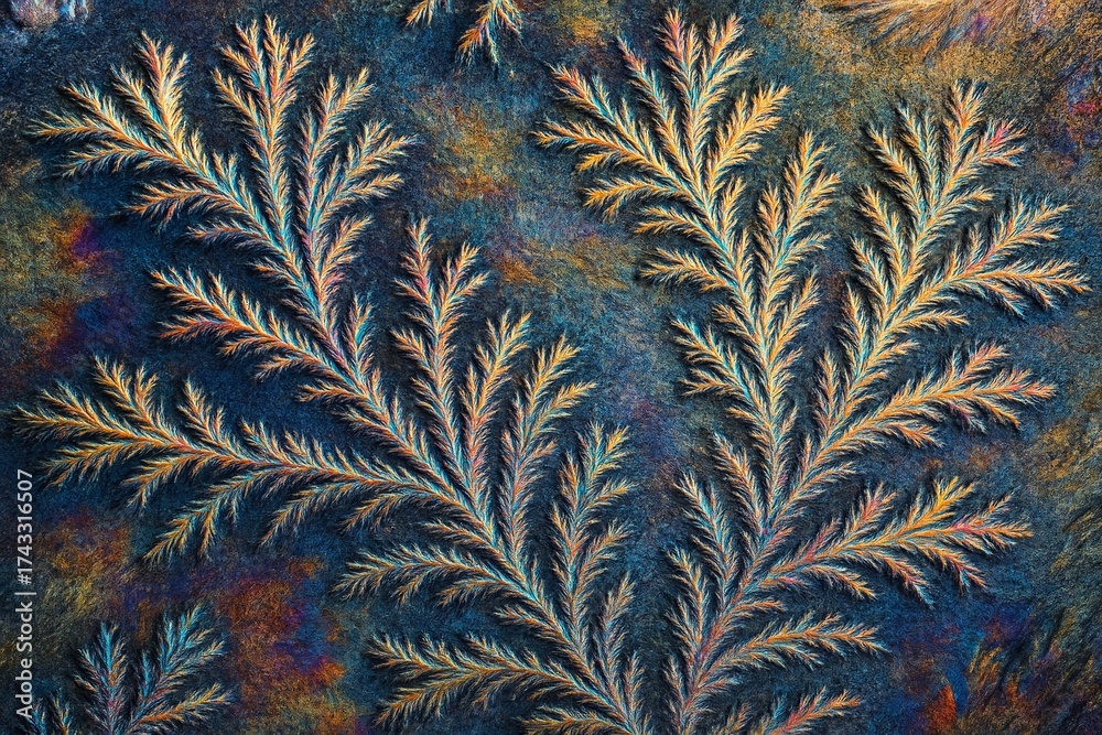 Wall mural abstract fractal branches with vibrant colors on textured dark background, resembling frost or feath
