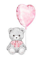 Watercolor illustration of a cute teddy bear holding a pink heart balloon. Perfect for Saint Valentine Day cards, posters, baby shower invitations, or romantic packaging design.