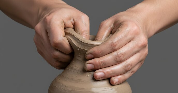 Hands shaping wet clay on a potter's wheel, demonstrating craftsmanship, creativity, and artistic process. - Powered by Adobe