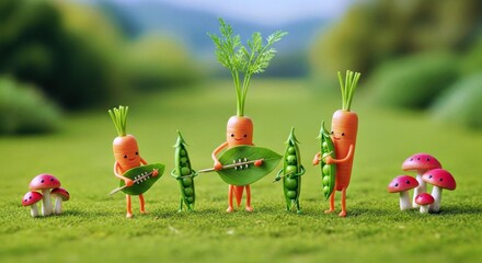 Whimsical Vegetable Orchestra Characters Playing Music in a Garden