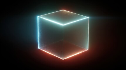Geometric Luminous Cube with Gradient Neon Edges on Black Background, Abstract 3D Render.