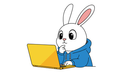 Cute rabbit wearing a blue hoodie contemplates a yellow laptop with a thoughtful expression.