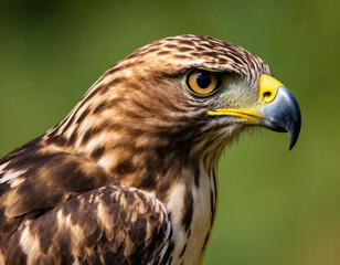 Close-up portrait of a hawk with piercing yellow eyes and a sharp curved beak, captured in natural light against a blurred green background, showcasing predatory focus and feather detail.