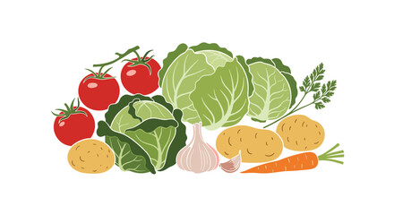 A vibrant assortment of fresh vegetables including tomatoes cabbage potatoes garlic and carrots.