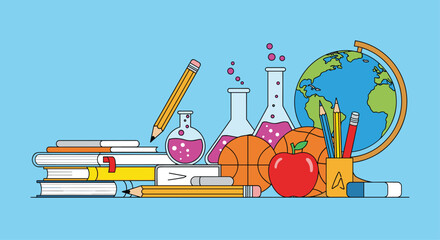 A vibrant illustration of educational supplies and learning tools arranged artfully.