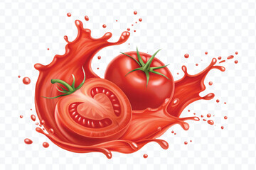 abstract 3d red tomato juice or ketchup sauce splashes in different style isolated on transparent background	