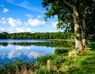 Tranquil lake scene under a bright sky