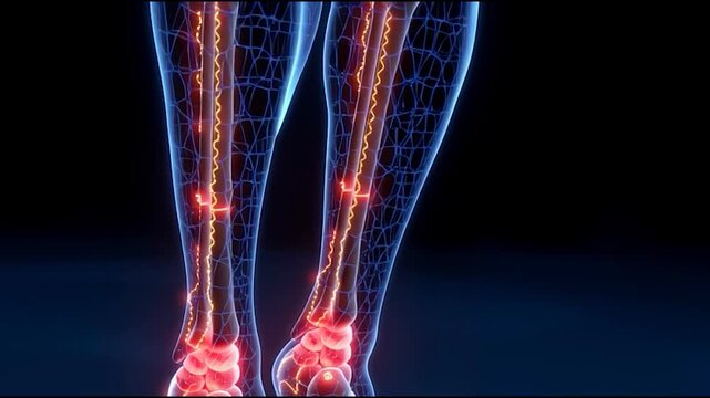 3D medical illustration of human foot and ankle with highlighted bones, joints, and nerves, showing inflammation or pain in the ankle area, representing injury, arthritis, or neuropathy.