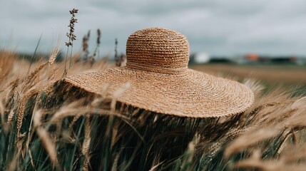 Large straw hat in a field of wheat against a blurred background