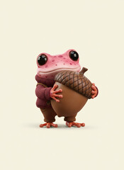 Adorable Pink Frog Cartoon Character Hugging a Giant Acorn Wearing a Burgundy Sweater and Corduroy Pants Against Creamy Background. Generative AI