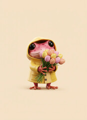 Adorable Pink Frog in Yellow Raincoat Holding Tulips A Sweet and Heartwarming Scene of Nature and Cuteness. Generative AI