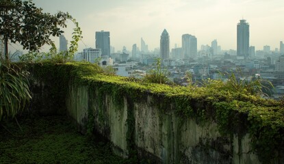 Overgrown rooftop wall overlooking a hazy city