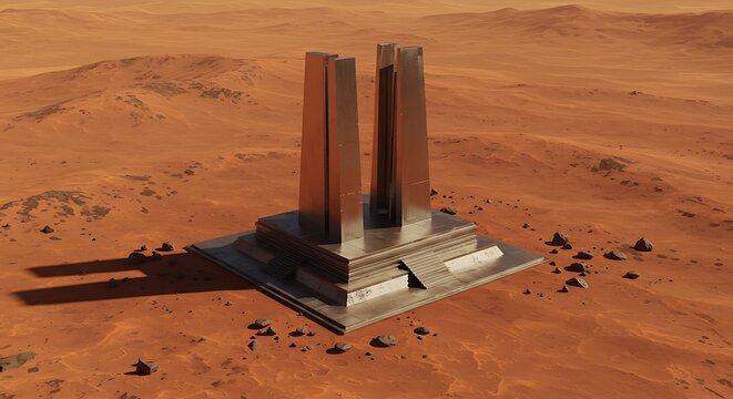 Monument on a martian landscape bronze structure on red planet surface