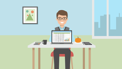 Smiling businessman analyzes financial data on laptop at modern office desk fall theme