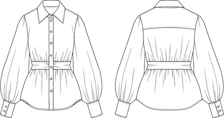 Women's blouse technical fashion illustration, front and back view, peplum silhouette, voluminous sleeves, garment design, apparel sketch, vector template, clothing construction