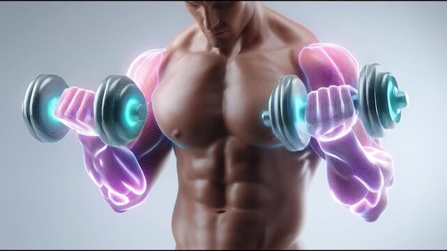 Muscular man lifting dumbbells with highlighted digital anatomy showing active arm muscles during workout