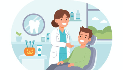 Friendly dentist welcoming a happy patient for a checkup promoting oral health and care