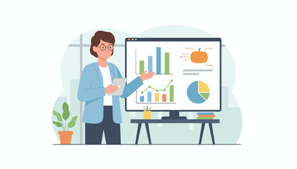 Professional woman presenting business data and financial growth charts in a modern office