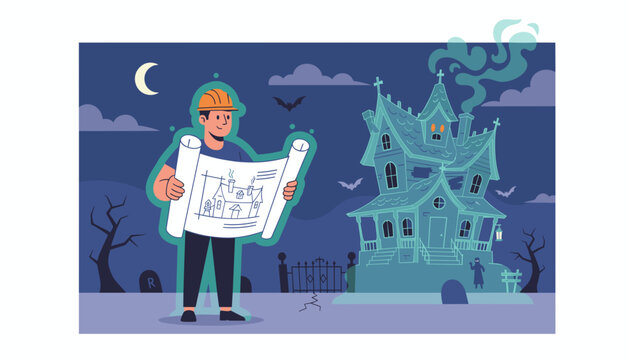 Architect with blueprints for renovating a spooky haunted house Halloween project concept