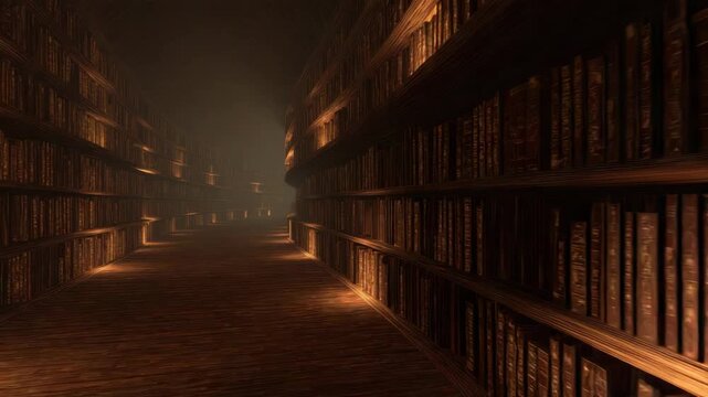 Dimly Lit Library Interior with Rows of Bookshelves in Dark Brown Tones creating a Mysterious Atmosphere and Texture Details highlighting a Grunge Aesthetic