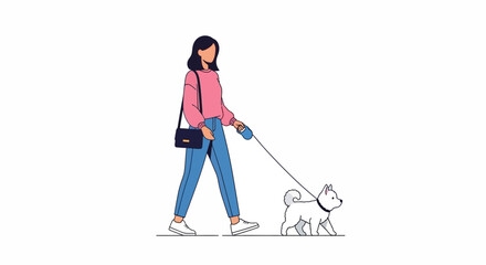 Flat vector illustration of a woman walking a dog on a leash, depicting modern urban lifestyle and
