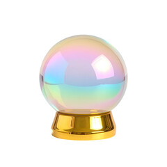 A transparent, iridescent sphere sits atop a golden base, isolated on a black background
