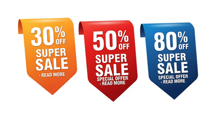 Ultra highresolution, professional studio photography of illustration of three colorful sale tags with discount percentages 30, 50, and 80 off, isolated on transparent background