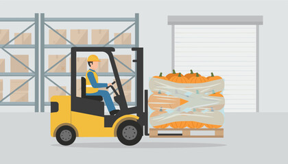 Warehouse worker operating forklift moving pallet of pumpkins Logistics and seasonal commerce