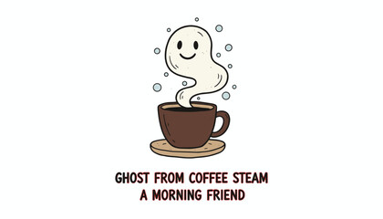 Happy ghost steam rising from a cozy coffee cup Whimsical morning beverage relaxation concept