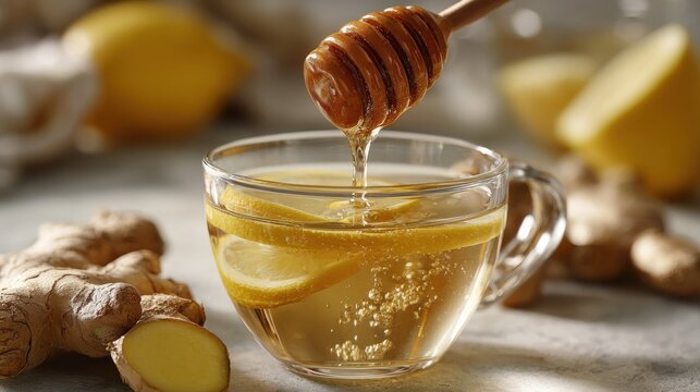 Honey being drizzled into a cup of lemon and ginger tea