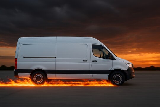 White delivery van with fiery wheels speeding on road at sunset, symbolizing fast transport and futuristic delivery concept. Ai generative. Ai generative