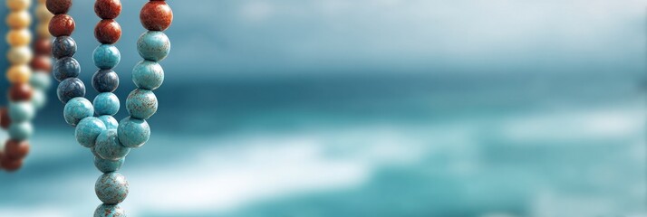 Colorful Beads with Ocean Background in Soft Focus