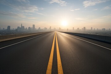 Fototapeta premium Empty highway with yellow lines leading towards sunrise and city skyline in distance, symbolizing future, journey, and modern transport concept. Ai generative