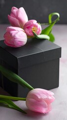 Pink Tulips Adorning a Black Gift Box - A Delicate Still Life.