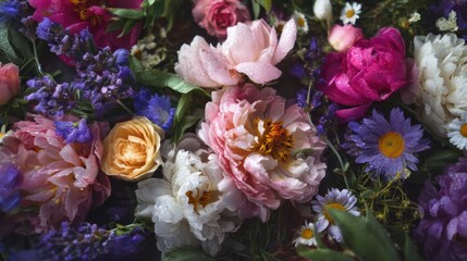 A vibrant bouquet of assorted flowers including peonies, daisies, and lavender in a close-up arrangement.