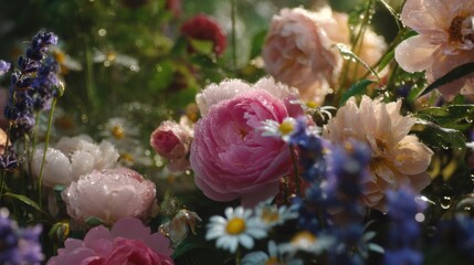 A close-up view of a vibrant garden filled with pink roses, white daisies, and purple flowers in full bloom.