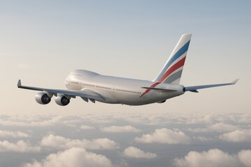 Obraz premium Commercial airplane flying above clouds with sunset light in background, symbolizing modern air transport and aviation concept for travel and logistics. Ai generative