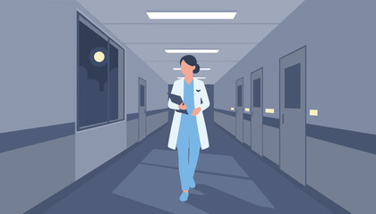 Dedicated doctor walks through a hospital hallway at night clipboard in hand Healthcare profession © VisualPro