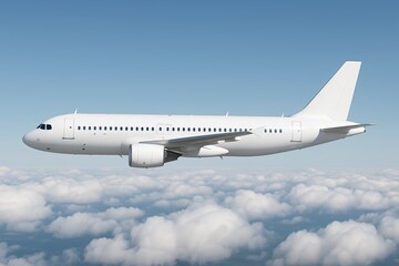 Obraz premium White commercial airplane flying above clouds with clear blue sky, showcasing modern air transport and aviation concept in realistic style. Ai generative