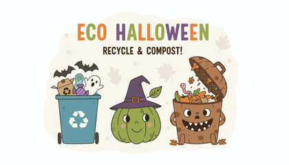 Eco Halloween illustration promoting recycling  composting with festive characters
