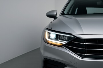 Close-up of modern silver car front headlight and grille design in studio lighting showcasing automotive design and transport concept aesthetics. Ai generative