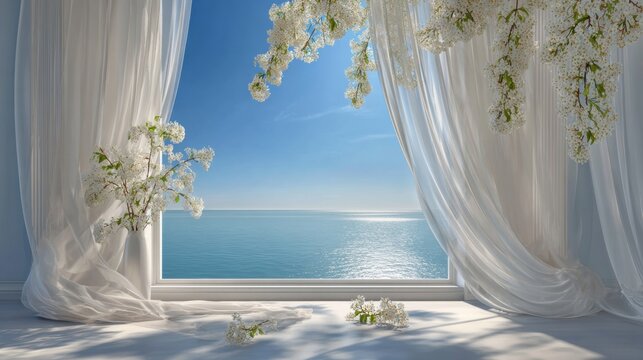 White curtains frame a serene ocean view with blooming flowers hanging from above, creating a peaceful indoor-outdoor scene.