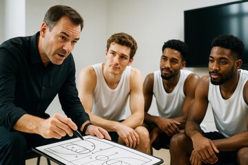 Basketball coach explaining tactics to players using strategy board during team meeting in locker room with focused expressions and sporty mood. Ai generative
