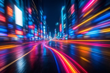 Futuristic neon city street at night with motion blur and glowing light trails expressing high-speed urban transport concept in dynamic perspective. Ai generative