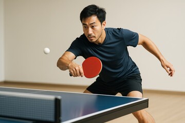Focused man playing table tennis indoors with paddle and ball in motion, captured in action moment on minimal light background. Ai generative. Ai generative